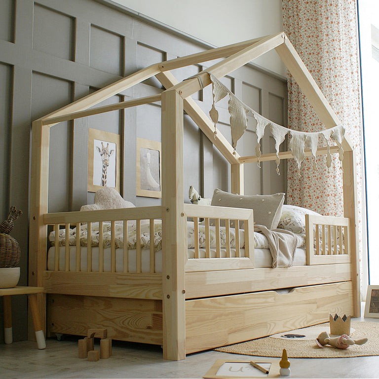 Lit cabane 90x190 barrières sommier et tiroir inclus Iris Bois