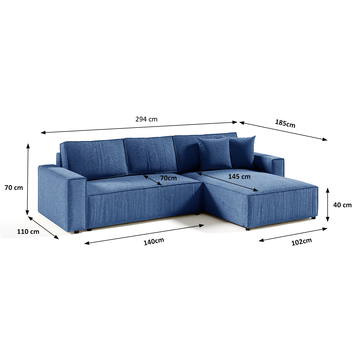 Canapé d'angle réversible et convertible 4 places avec coffre Isaac velours côtelé Bleu - vue 6