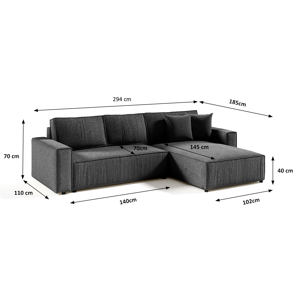 Canapé d'angle réversible et convertible 4 places avec coffre Isaac velours côtelé Gris Foncé - vue 6
