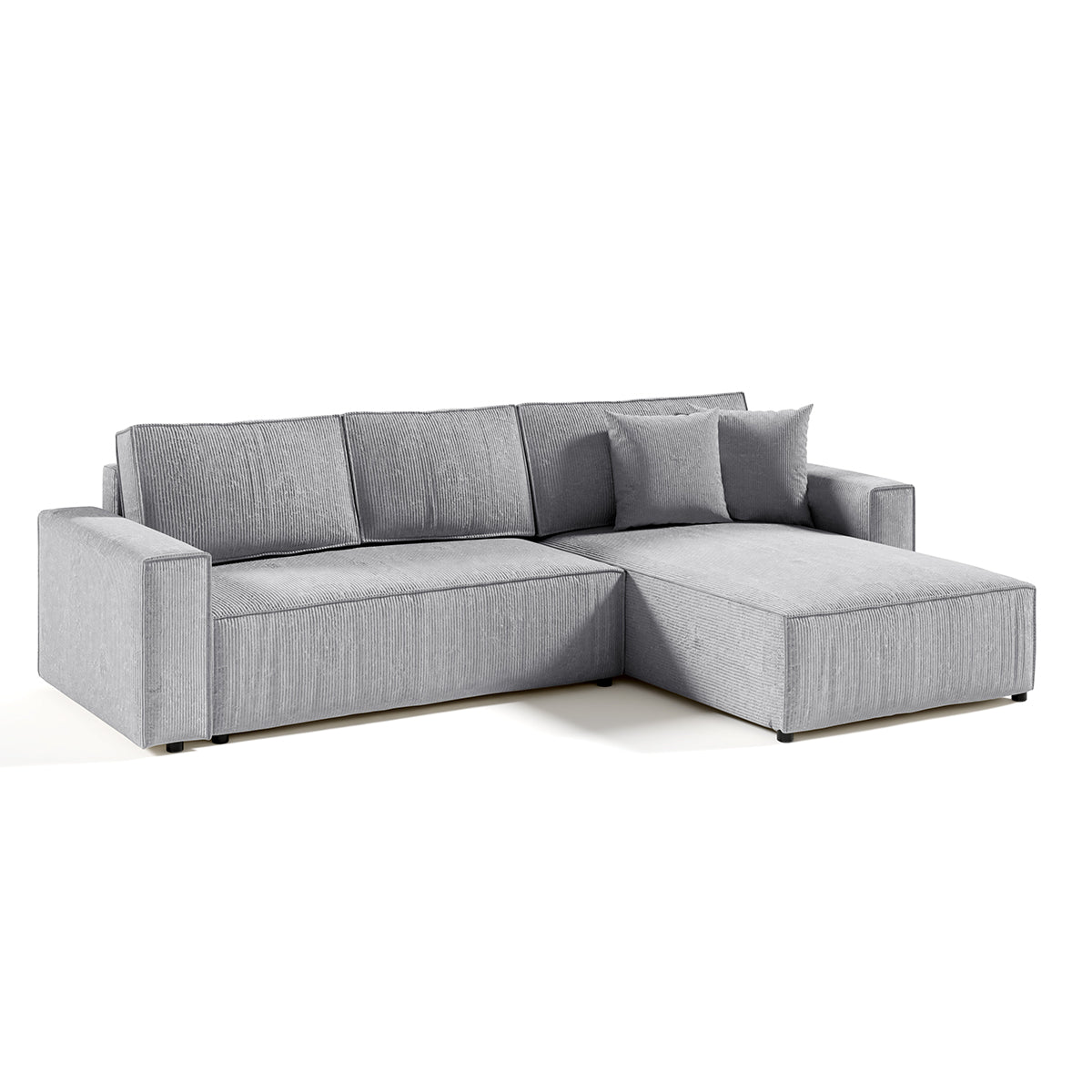 Canapé d'angle réversible et convertible 4 places avec coffre Isaac velours côtelé Gris Clair