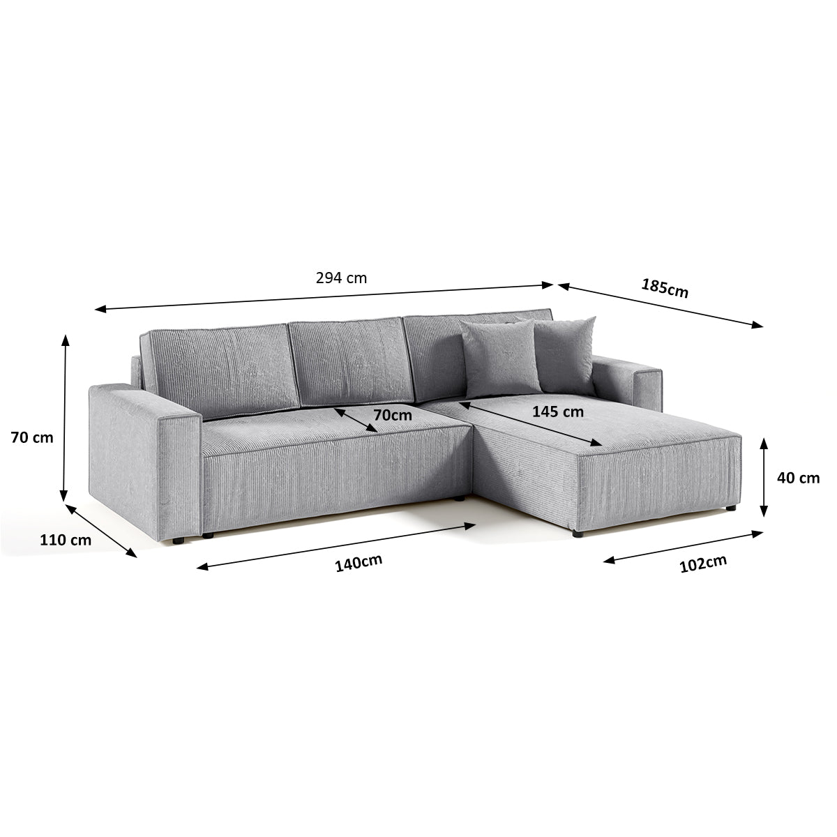 Canapé d'angle réversible et convertible 4 places avec coffre Isaac velours côtelé Gris Clair - vue 6
