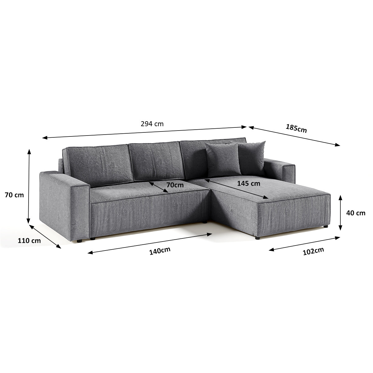 Canapé d'angle réversible et convertible 4 places avec coffre Isaac velours côtelé Gris - vue 6