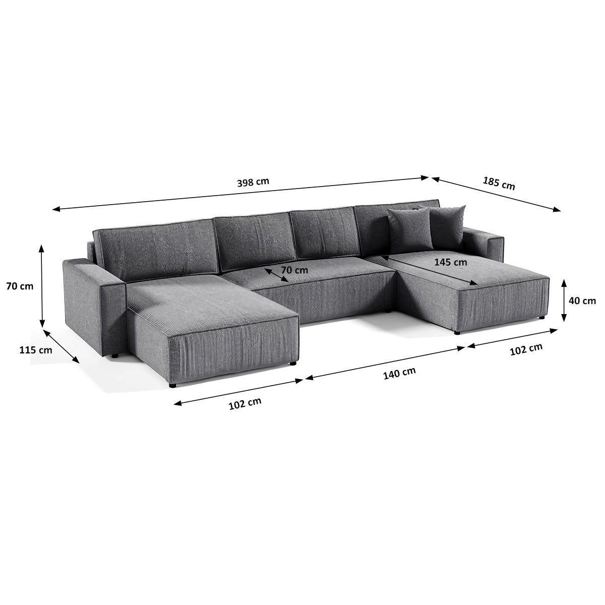 Canapé U 5 places convertible coffre Isaac velours côtelé Gris - vue 6