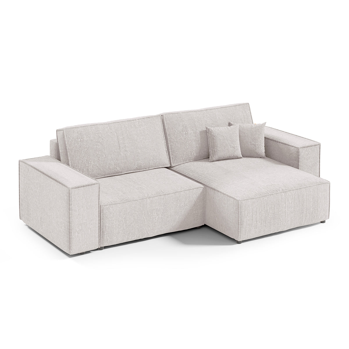 Canapé d'angle réversible et convertible 3 places avec coffre Isaac Mini velours côtelé Blanc cassé