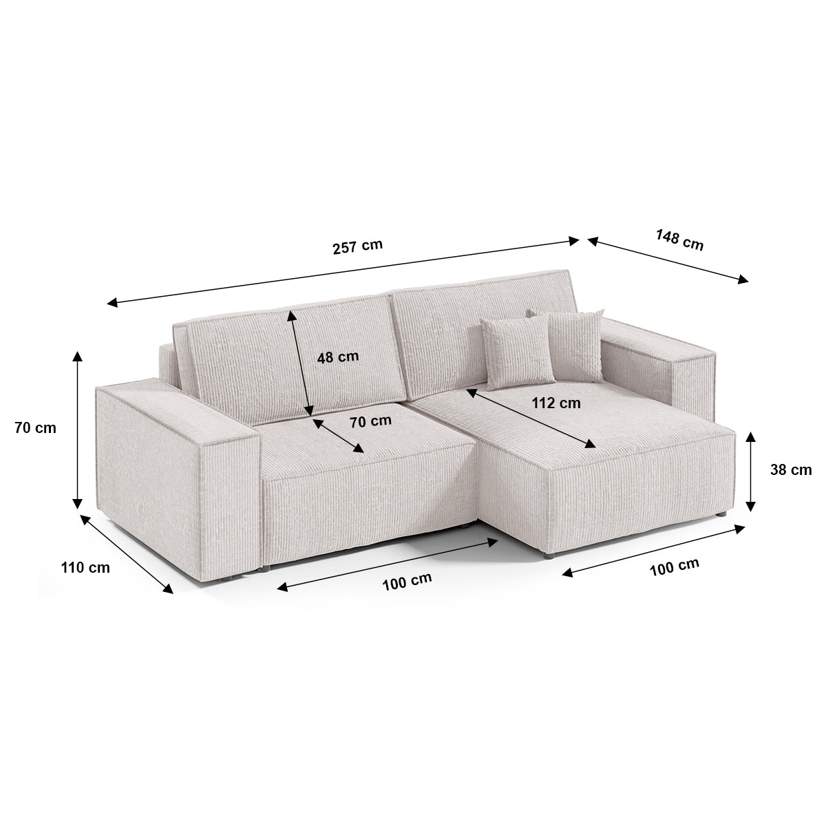 Canapé d'angle réversible et convertible 3 places avec coffre Isaac Mini velours côtelé Blanc cassé - vue 6