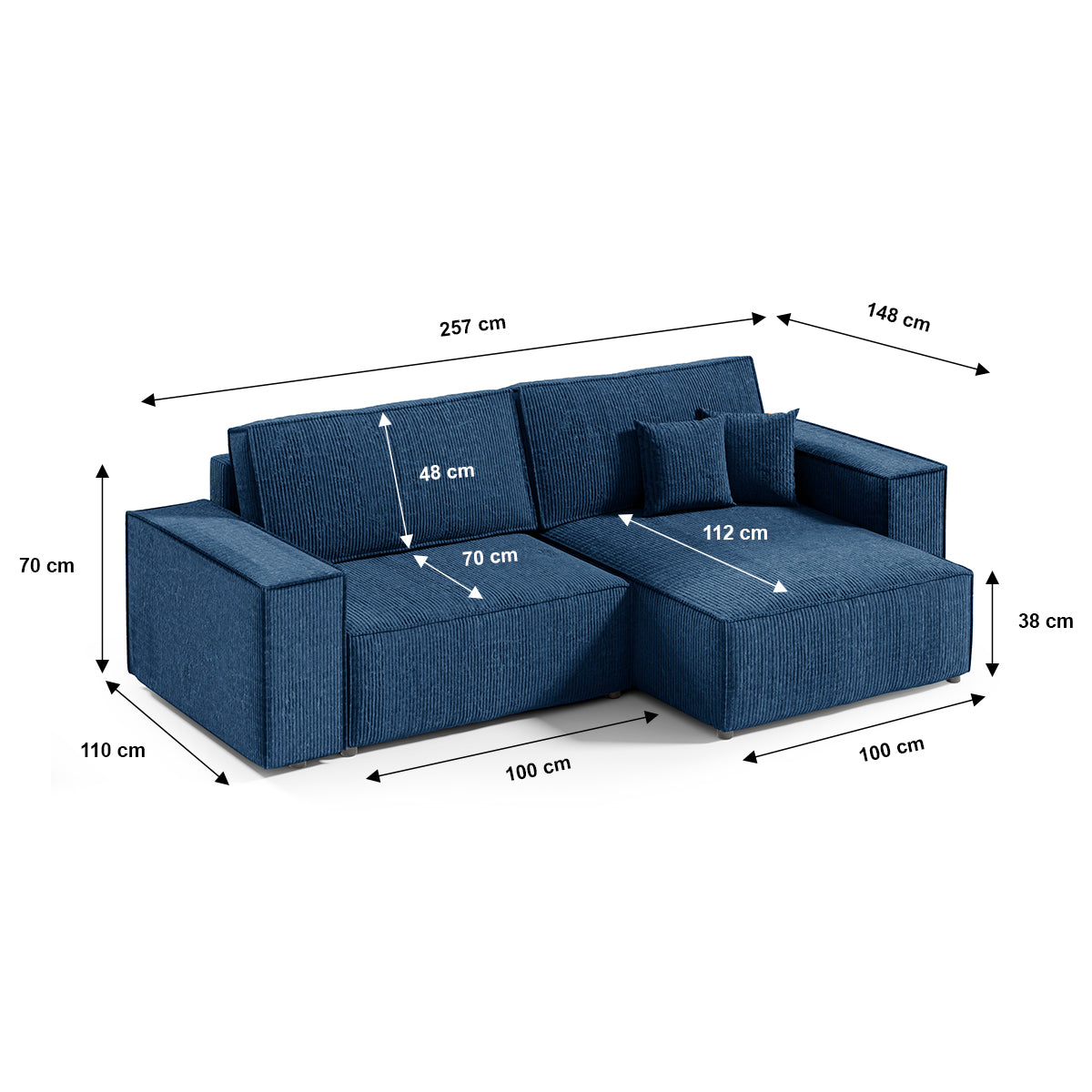 Canapé d'angle réversible et convertible 3 places avec coffre Isaac Mini velours côtelé Bleu - vue 6