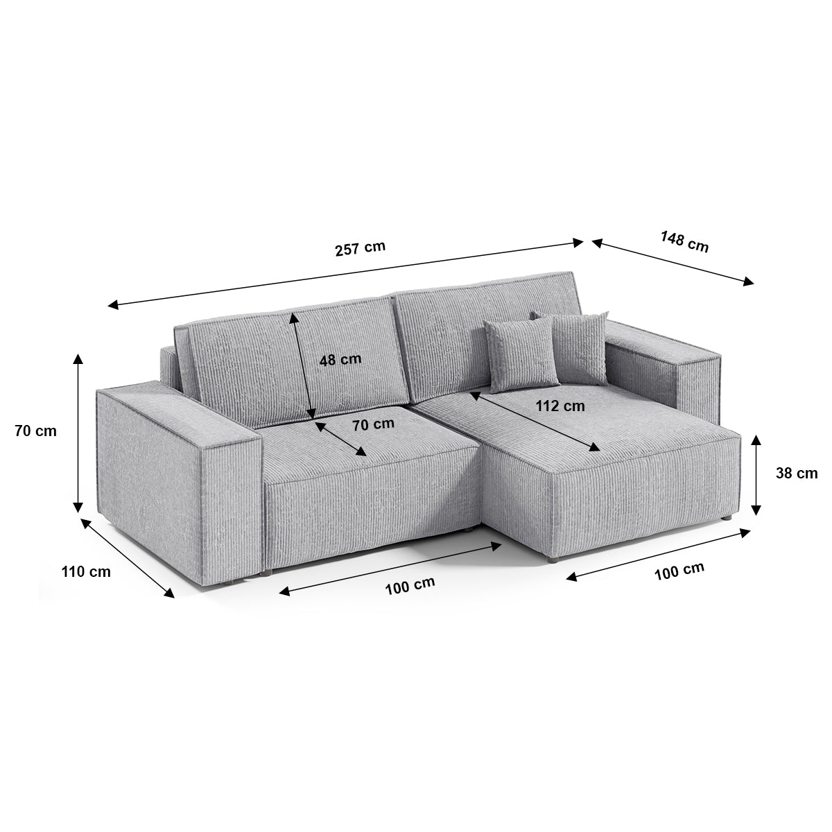 Canapé d'angle réversible et convertible 3 places avec coffre Isaac Mini velours côtelé Gris clair - vue 6