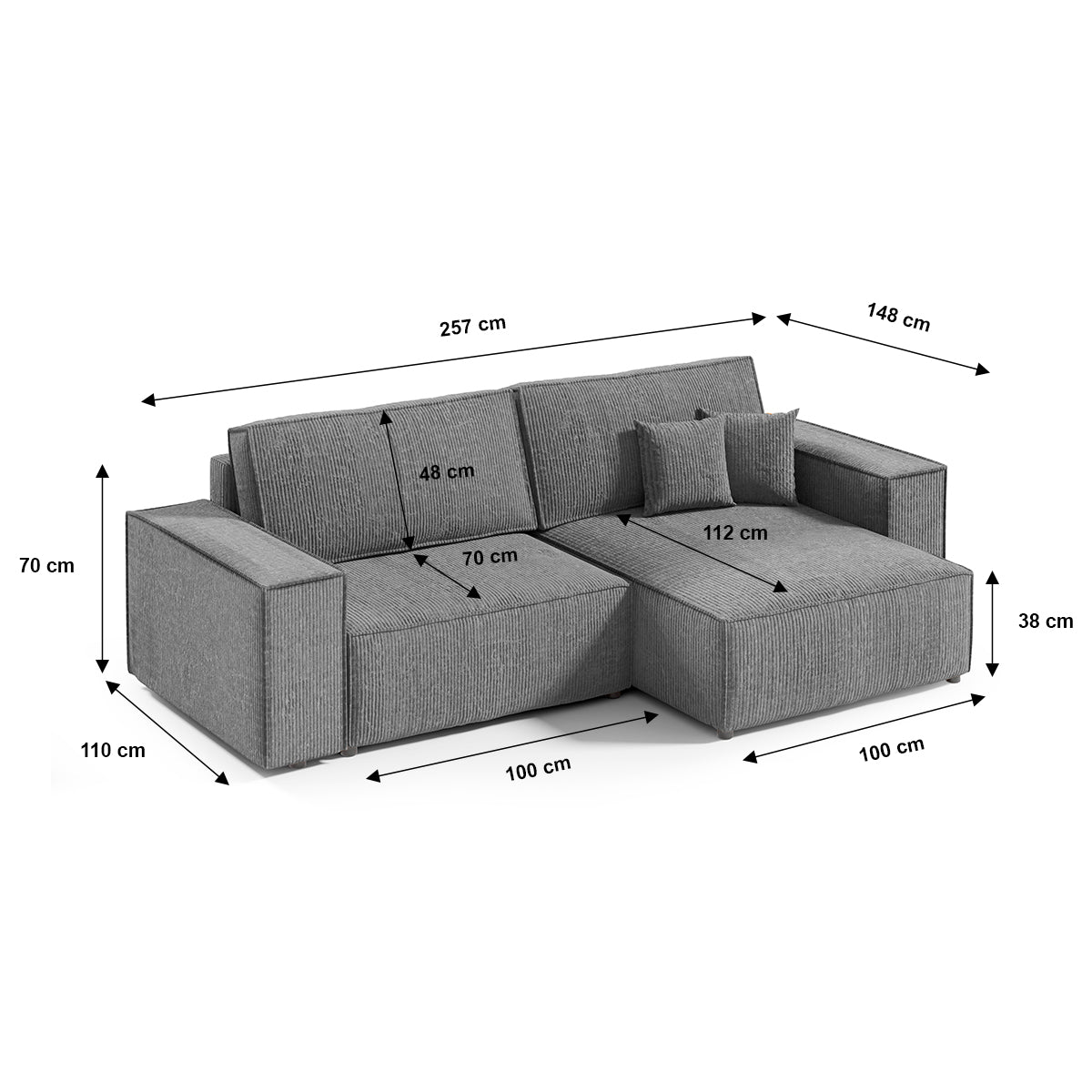 Canapé d'angle réversible et convertible 3 places avec coffre Isaac Mini velours côtelé Gris - vue 6