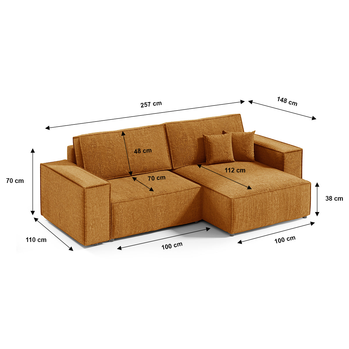 Canapé d'angle réversible et convertible 3 places avec coffre Isaac Mini velours côtelé Jaune - vue 8