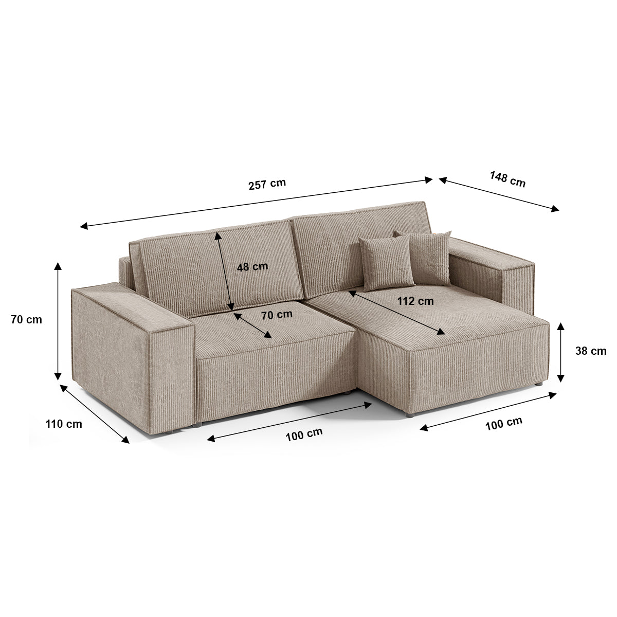 Canapé d'angle réversible et convertible 3 places avec coffre Isaac Mini velours côtelé Taupe - vue 6