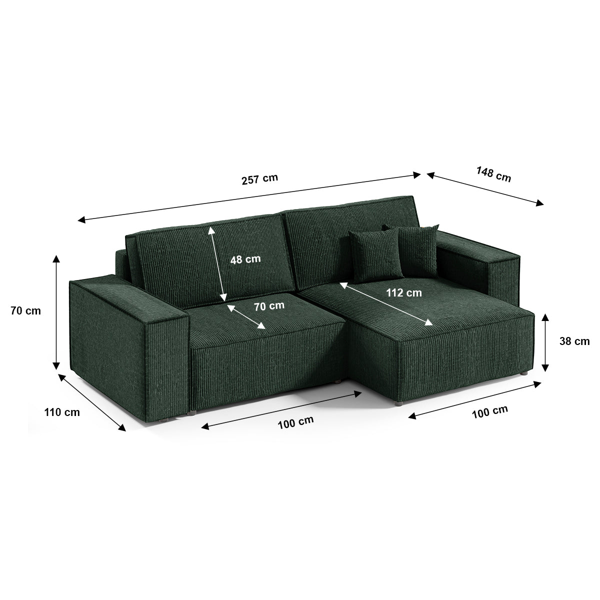 Canapé d'angle réversible et convertible 3 places avec coffre Isaac Mini velours côtelé Vert sapin - vue 6