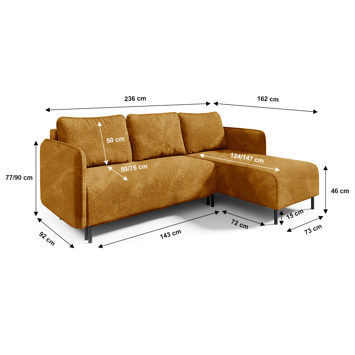 Canapé d'angle réversible et convertible 3 places avec coffre Robin velours côtelé Jaune - vue 6