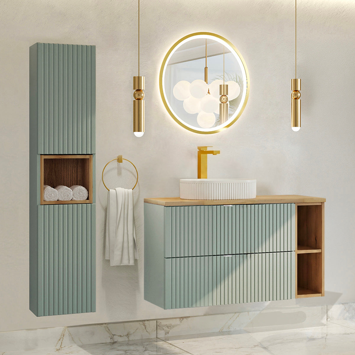 Ensemble meuble simple vasque 100cm 2 tiroirs 2 niches et colonne Jade Vert et Bois