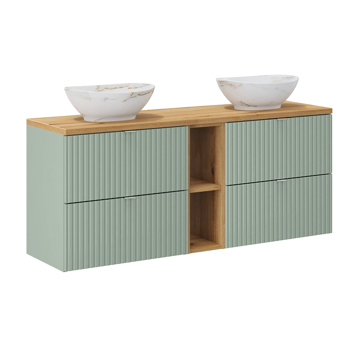 Meuble double vasque 140cm 4 tiroirs 2 niches Jade Vert et Bois
