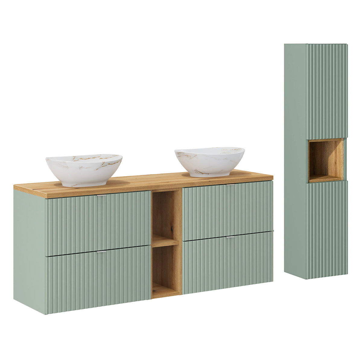 Ensemble meuble double vasque 140cm 4 tiroirs 2 niches et colonne Jade Vert et Bois - vue 2