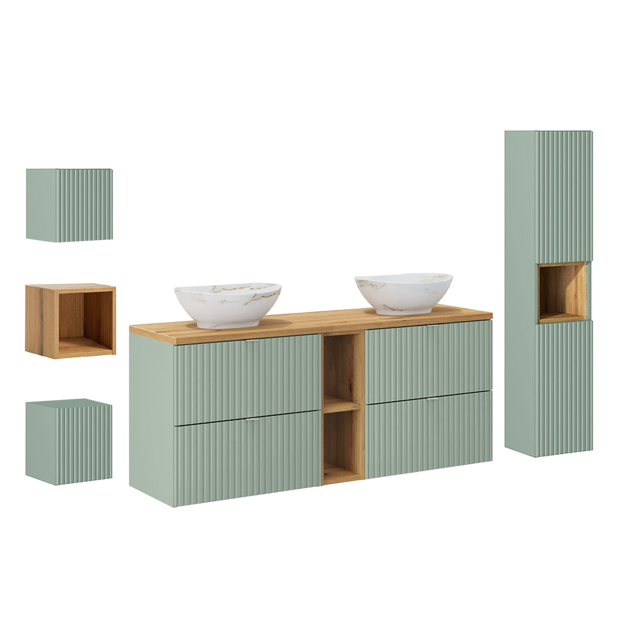 Ensemble meuble double vasque 140cm 4 tiroirs 2 niches colonne et 3 armoires murales Jade Vert et Bois - vue 2
