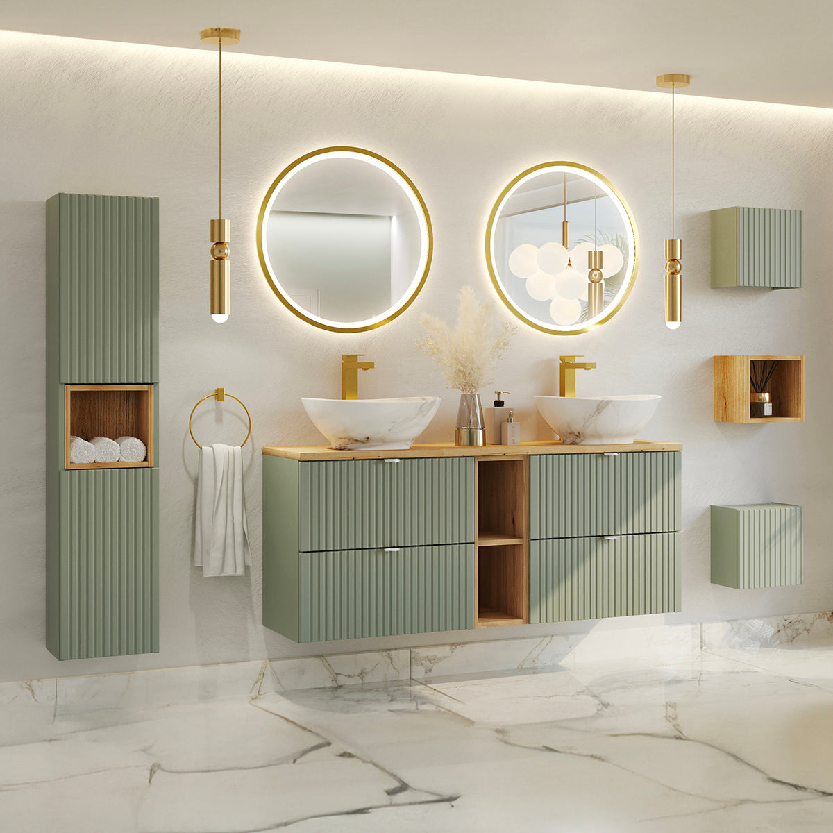 Ensemble meuble double vasque 140cm 4 tiroirs 2 niches colonne et 3 armoires murales Jade Vert et Bois
