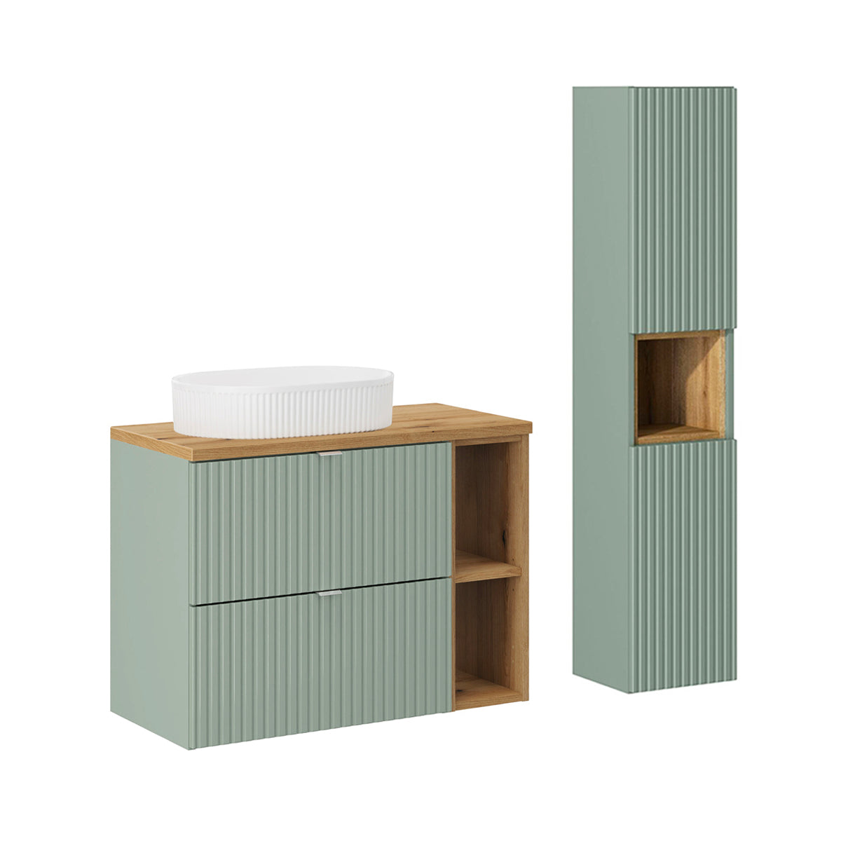 Ensemble meuble simple vasque 80cm 2 tiroirs 2 niches et colonne Jade Vert et Bois - vue 2