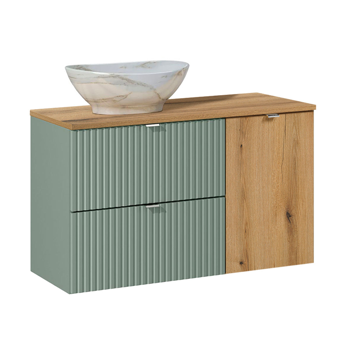 Meuble simple vasque 100cm panier à linge Jade Vert et Bois - vue 2