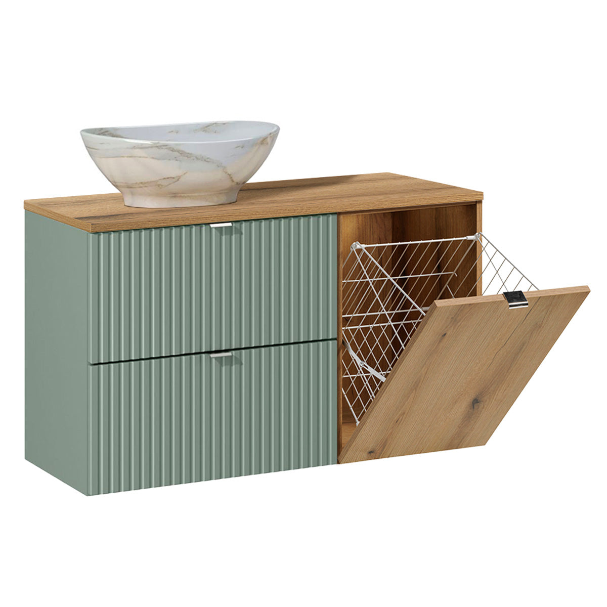 Meuble simple vasque 100cm panier à linge Jade Vert et Bois