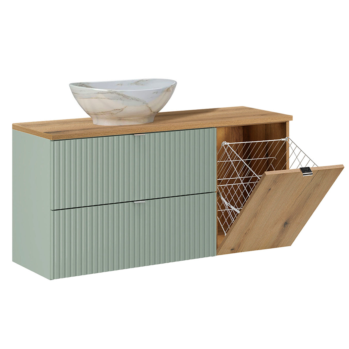 Meuble simple vasque 120cm panier à linge Jade Vert et Bois