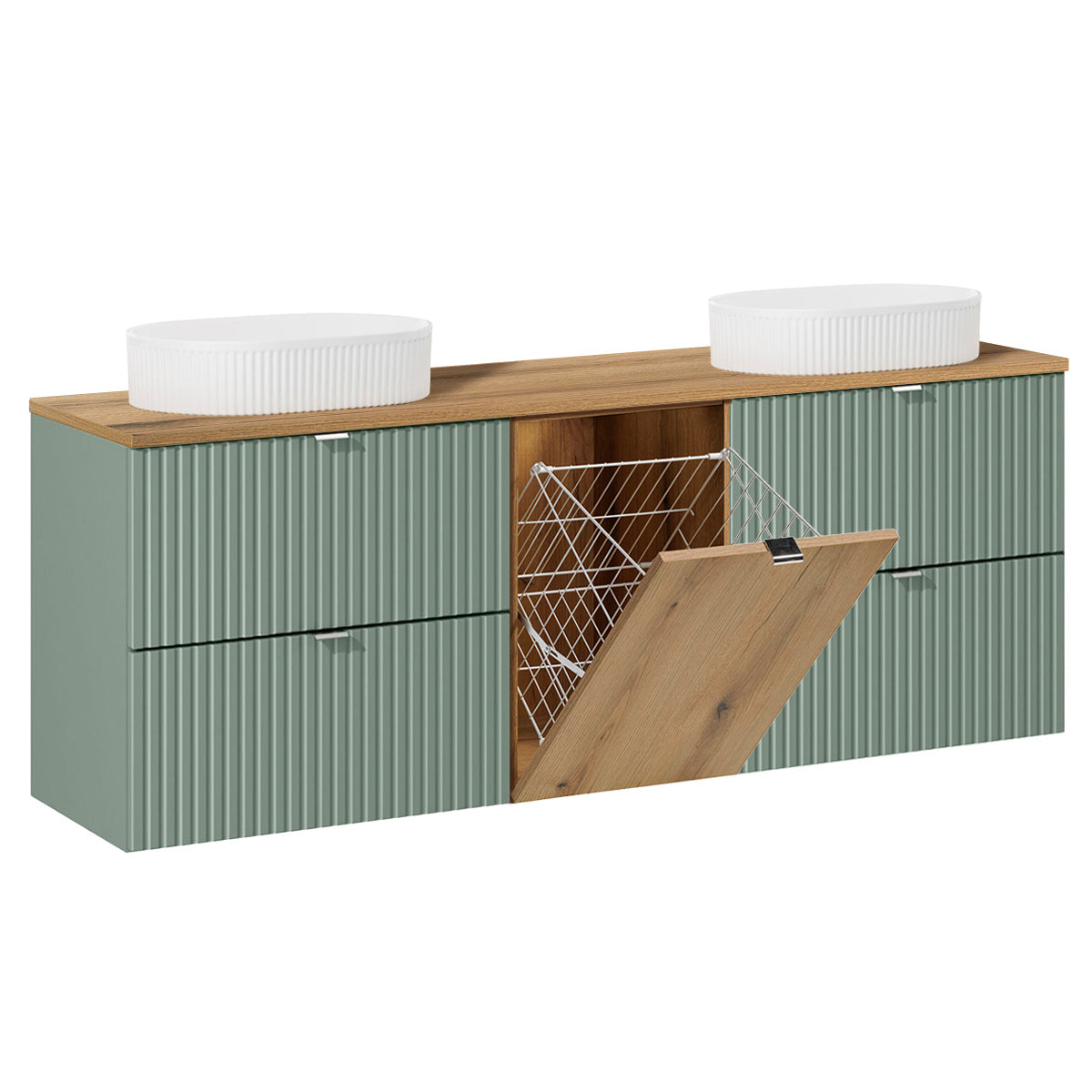 Ensemble meuble double vasque 160cm panier à linge et colonne Jade Vert et Bois - Vasques ovales - vue 3