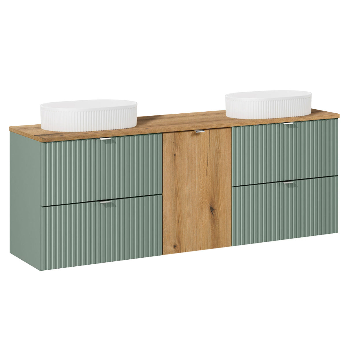 Ensemble meuble double vasque 160cm panier à linge et colonne Jade Vert et Bois - Vasques ovales - vue 4