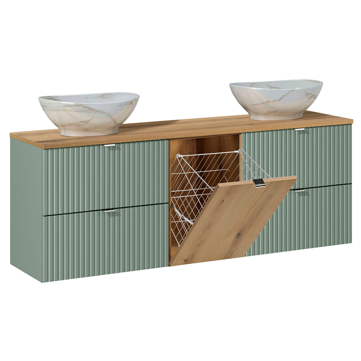 Ensemble meuble double vasque 160cm panier à linge et colonne Jade Vert et Bois - vue 3