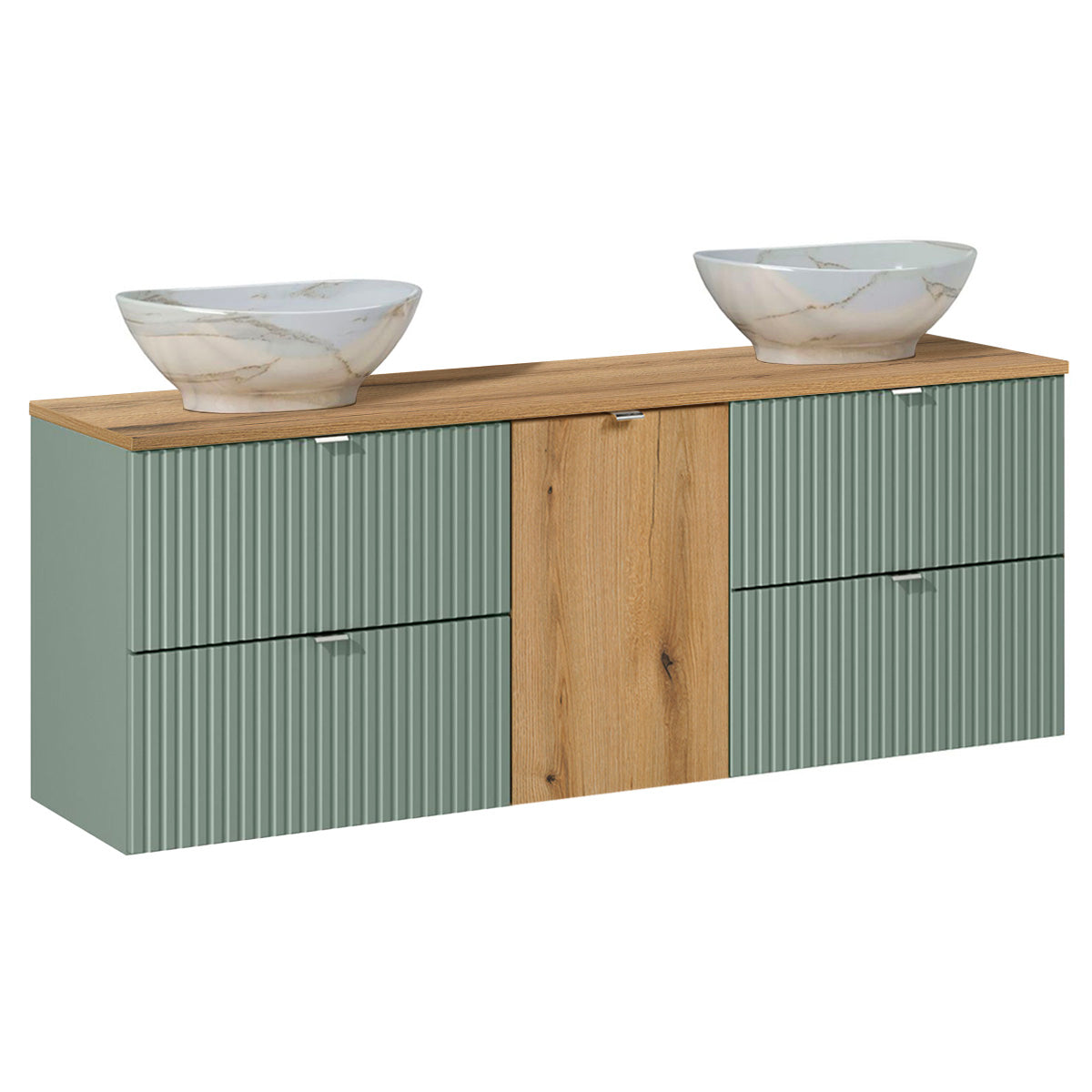 Ensemble meuble double vasque 160cm panier à linge et colonne Jade Vert et Bois - vue 4
