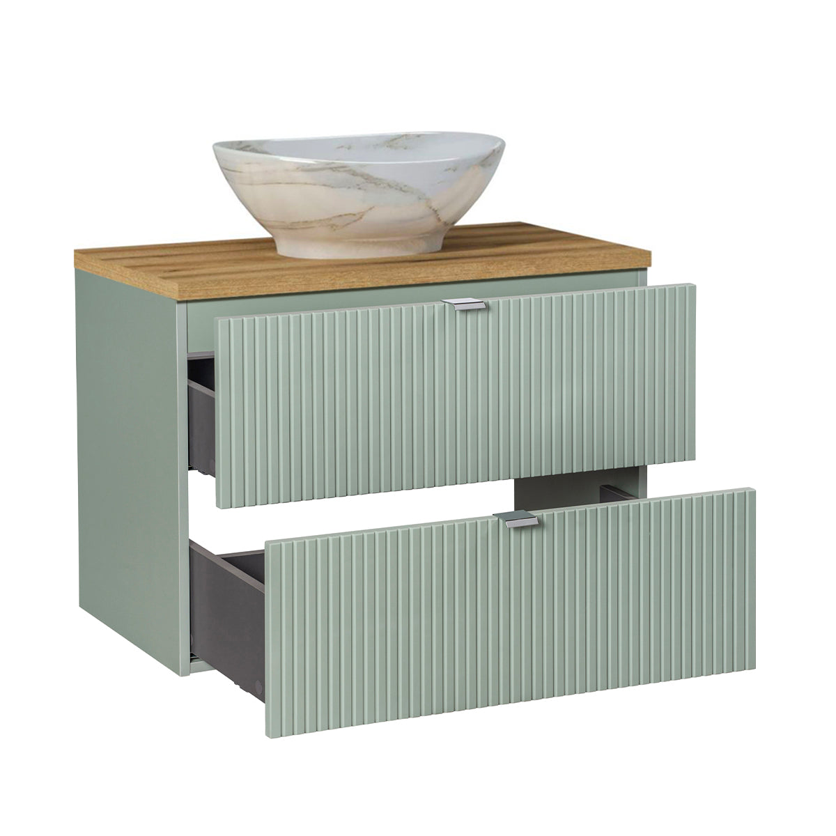 Ensemble meuble simple vasque 80cm 2 tiroirs miroir LED et colonne Jade Vert et Bois - vue 3