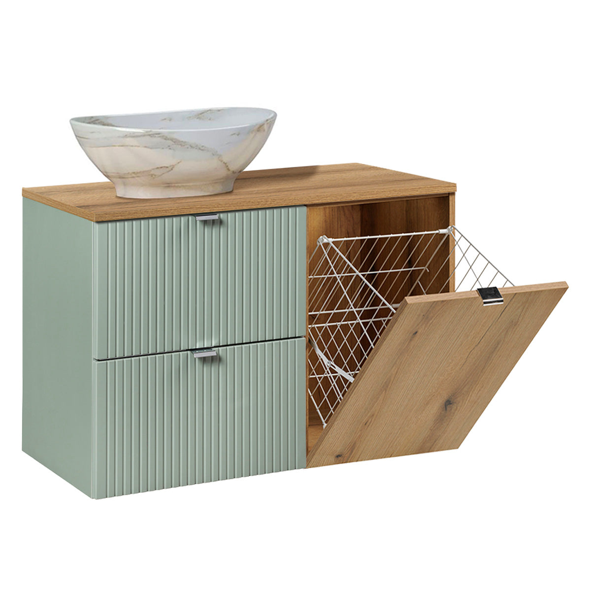 Meuble simple vasque 90cm panier à linge Jade Vert et Bois