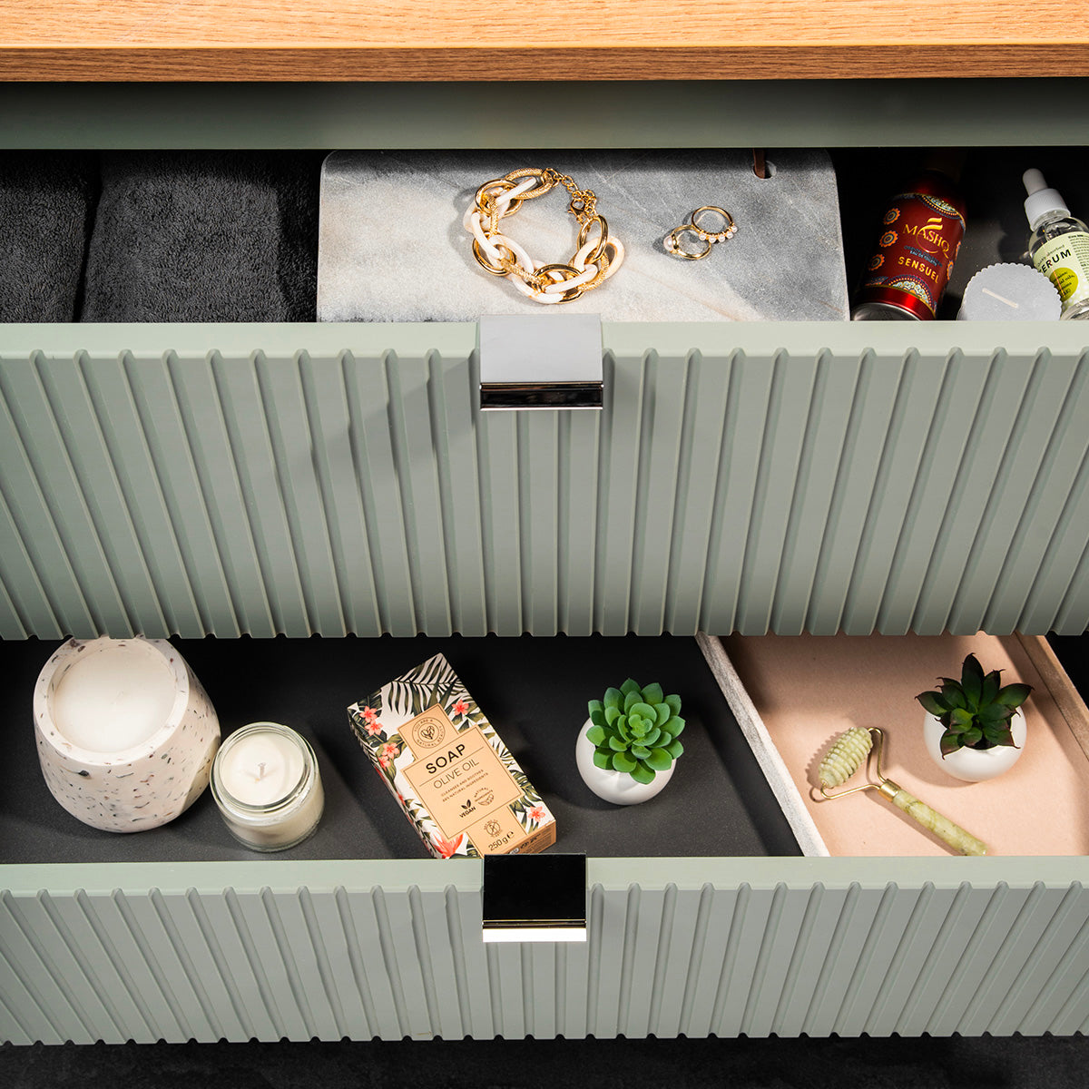 Ensemble meuble double vasque 160cm panier à linge et colonne Jade Vert et Bois - vue 8