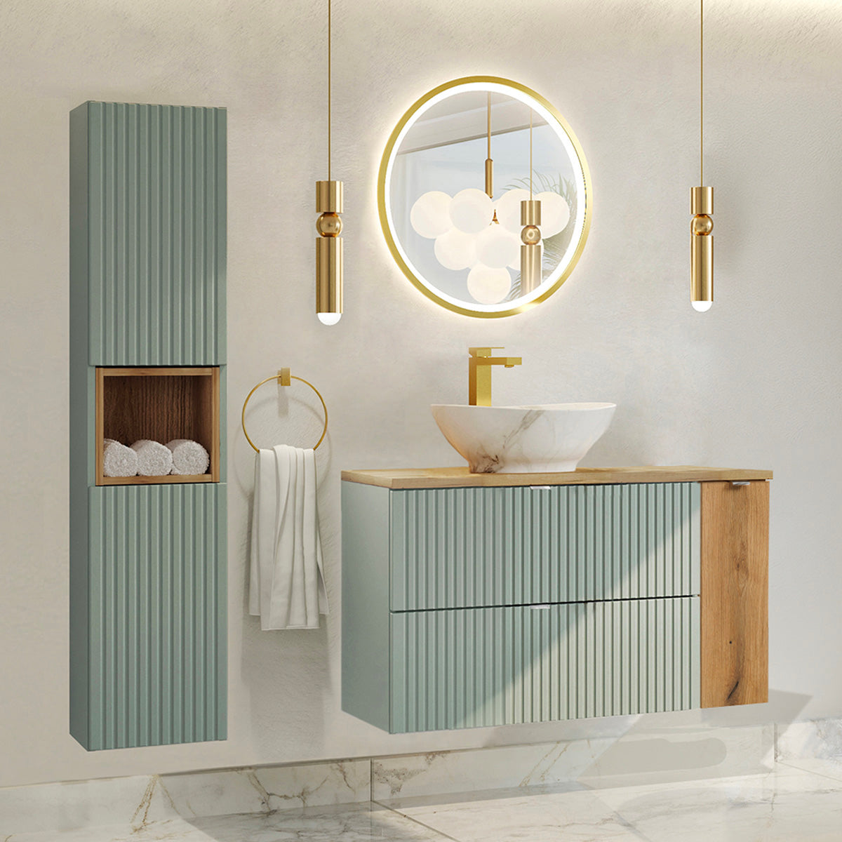 Ensemble meuble simple vasque 100cm et colonne Jade Vert et Bois