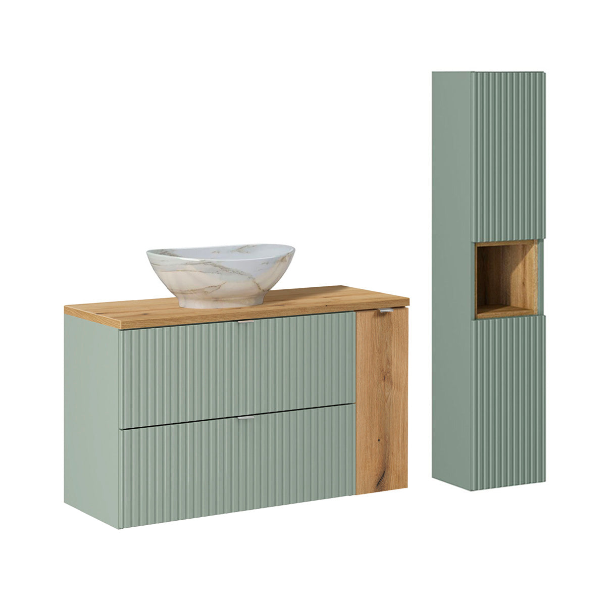 Ensemble meuble simple vasque 100cm et colonne Jade Vert et Bois - vue 2