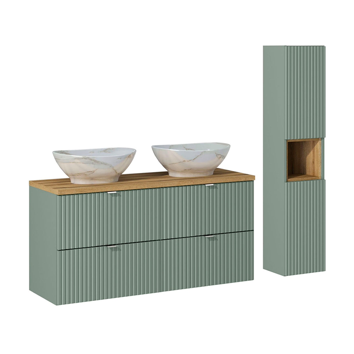 Ensemble meuble double vasque 120cm 4 tiroirs et colonne Jade Vert et Bois - vue 2
