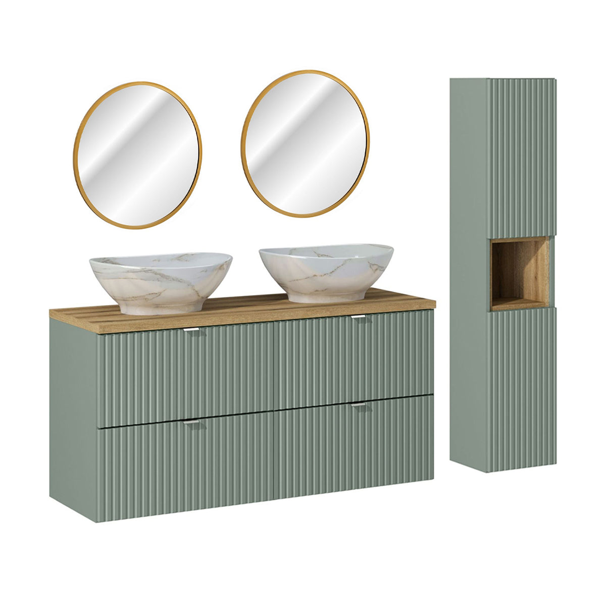 Ensemble meuble double vasque 120cm 4 tiroirs miroirs LED et colonne Jade Vert et Bois - vue 2