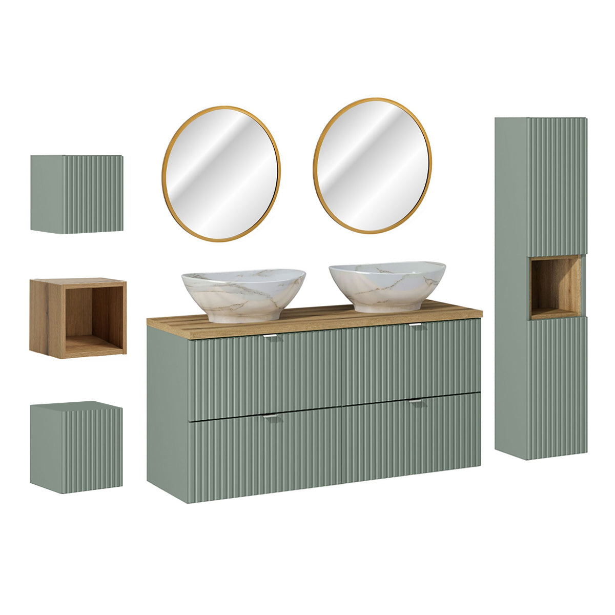 Ensemble meuble double vasque 120cm 4 tiroirs miroirs LED colonne et 3 armoires murales Jade Vert et Bois - vue 2