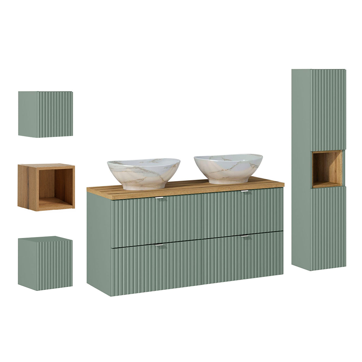 Ensemble meuble double vasque 120cm 4 tiroirs colonne et 3 armoires murales Jade Vert et Bois - vue 2
