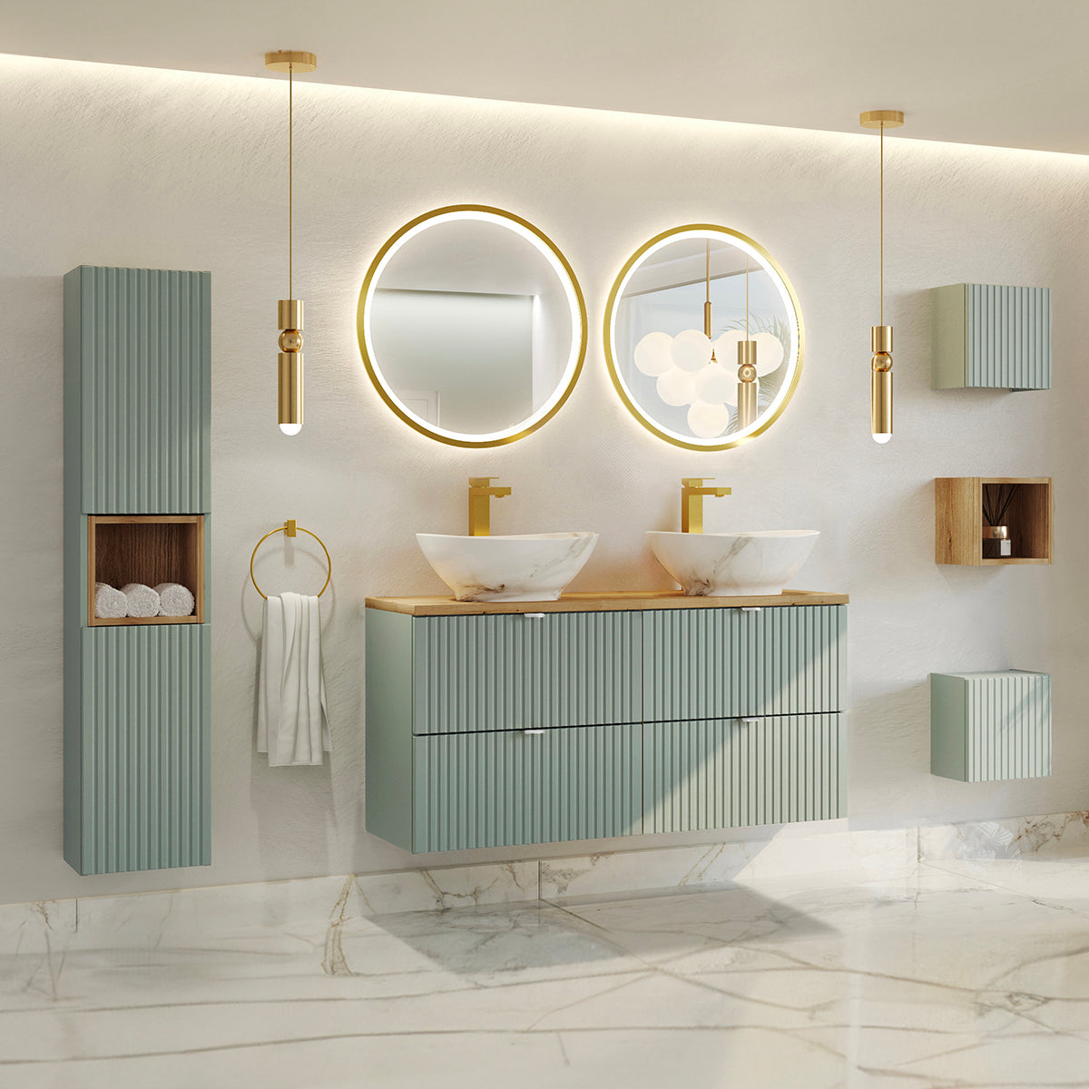 Ensemble meuble double vasque 120cm 4 tiroirs colonne et 3 armoires murales Jade Vert et Bois
