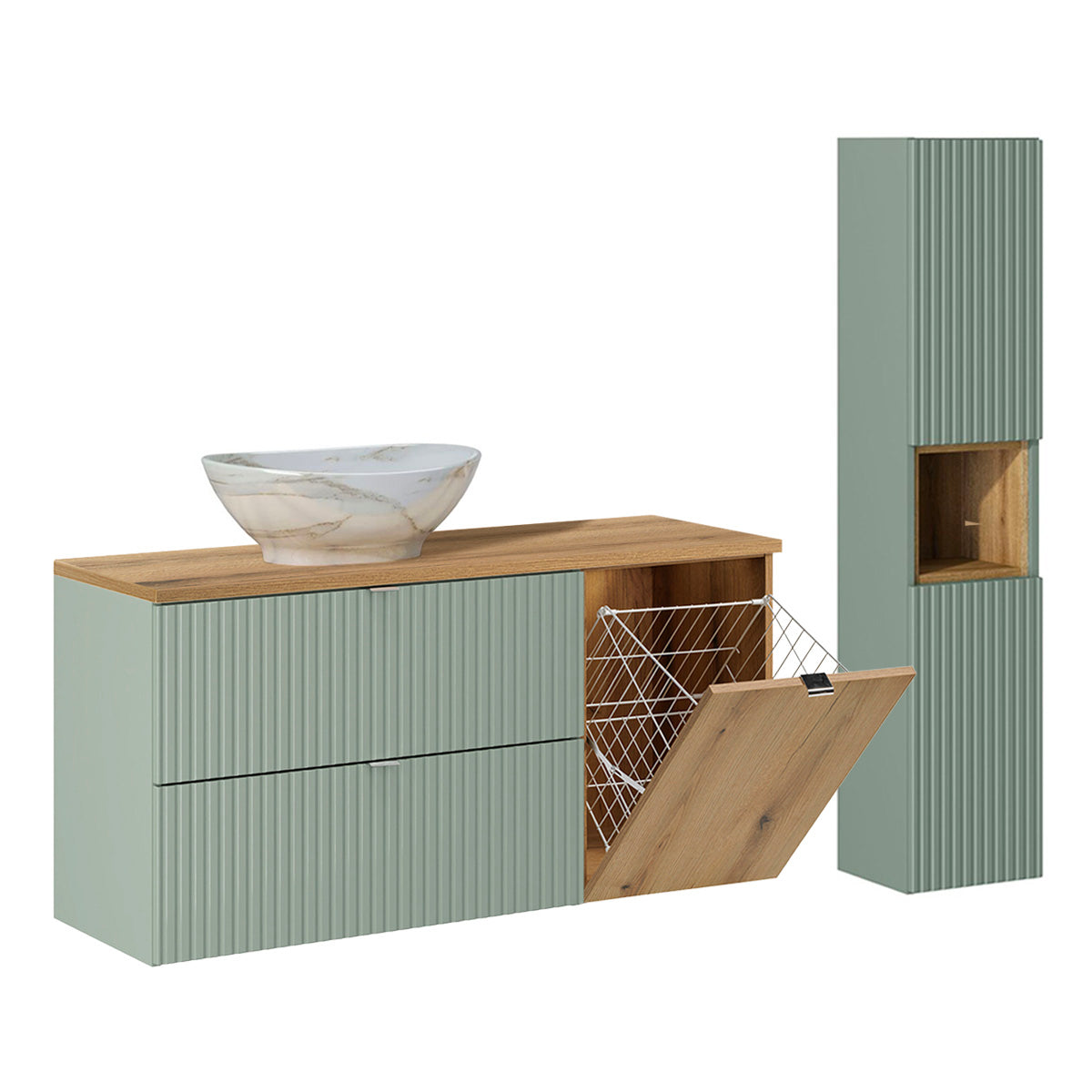 Ensemble meuble simple vasque 120cm panier à linge et colonne Jade Vert et Bois - vue 2