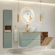 Ensemble meuble simple vasque 120cm panier à linge et colonne Jade Vert et Bois