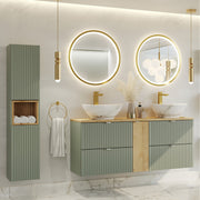 Ensemble meuble double vasque 140cm 4 tiroirs miroirs LED et colonne Jade Vert et Bois