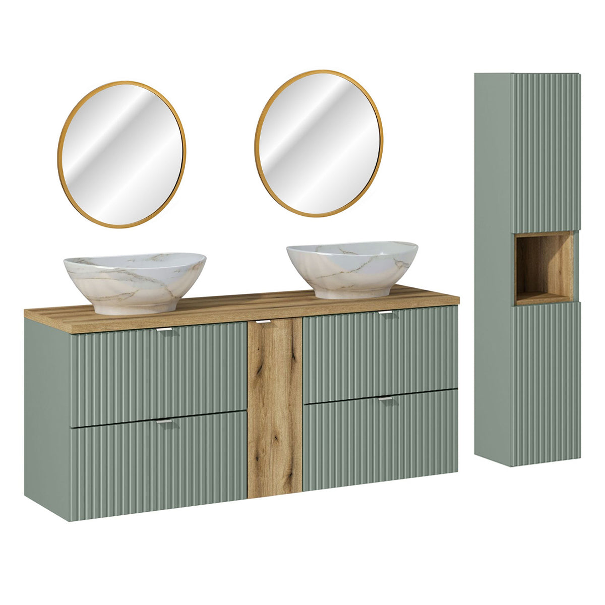 Ensemble meuble double vasque 140cm 4 tiroirs miroirs LED et colonne Jade Vert et Bois - vue 2