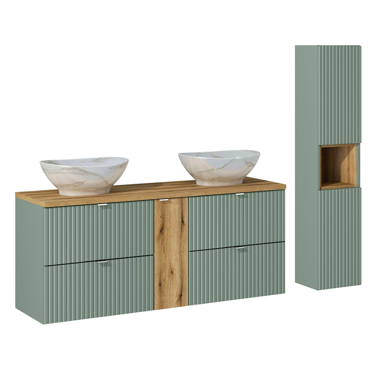 Ensemble meuble double vasque 140cm 4 tiroirs et colonne Jade Vert et Bois - vue 2