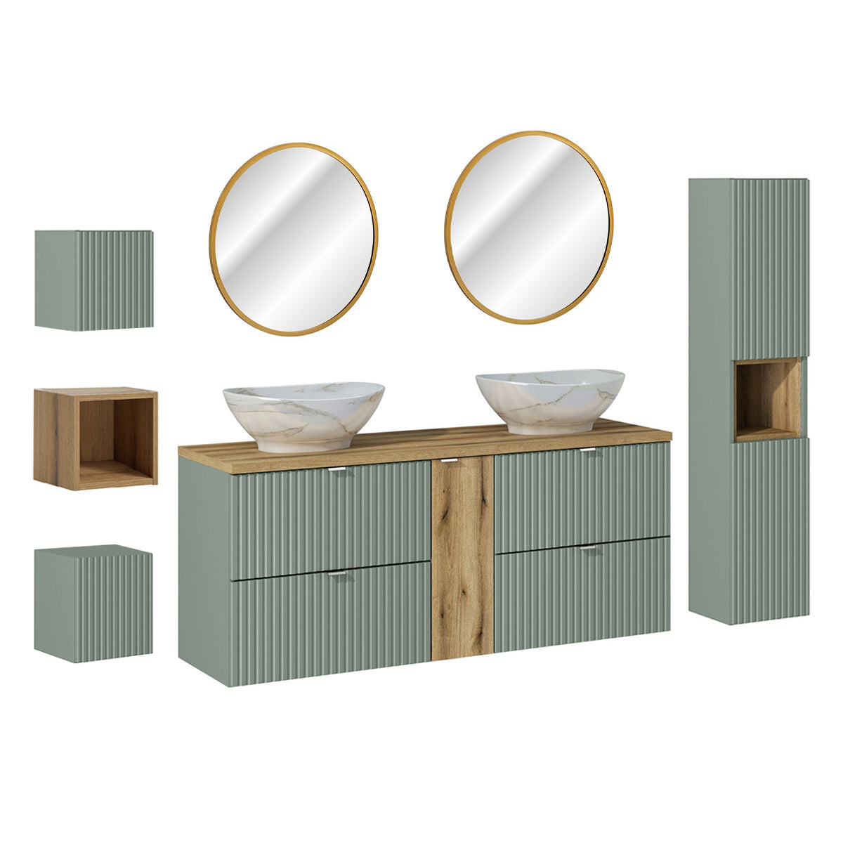 Ensemble meuble double vasque 140cm 4 tiroirs miroirs LED colonne et 3 armoires murales Jade Vert et Bois - vue 2