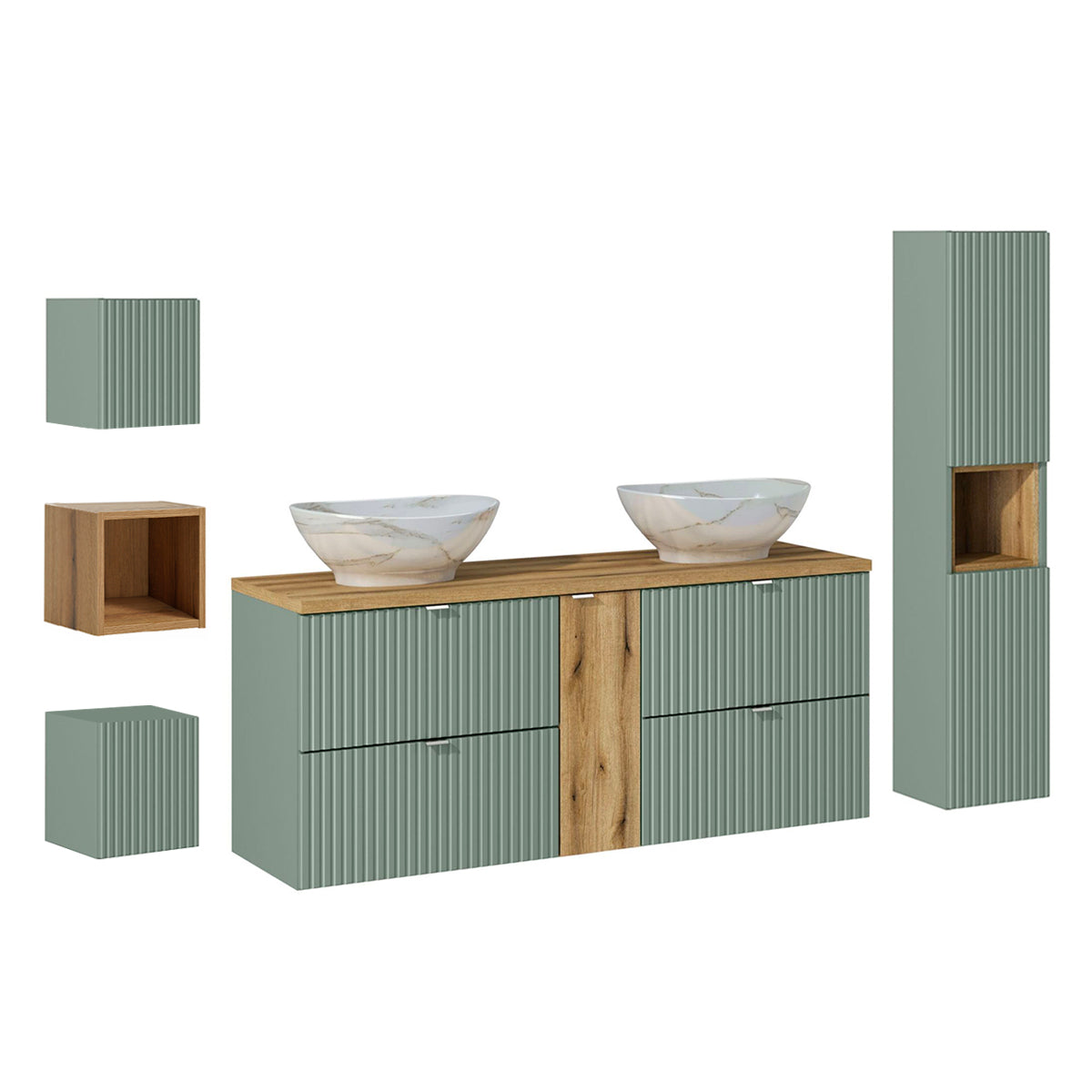 Ensemble meuble double vasque 140cm 4 tiroirs colonne et 3 armoires murales Jade Vert et Bois - vue 2