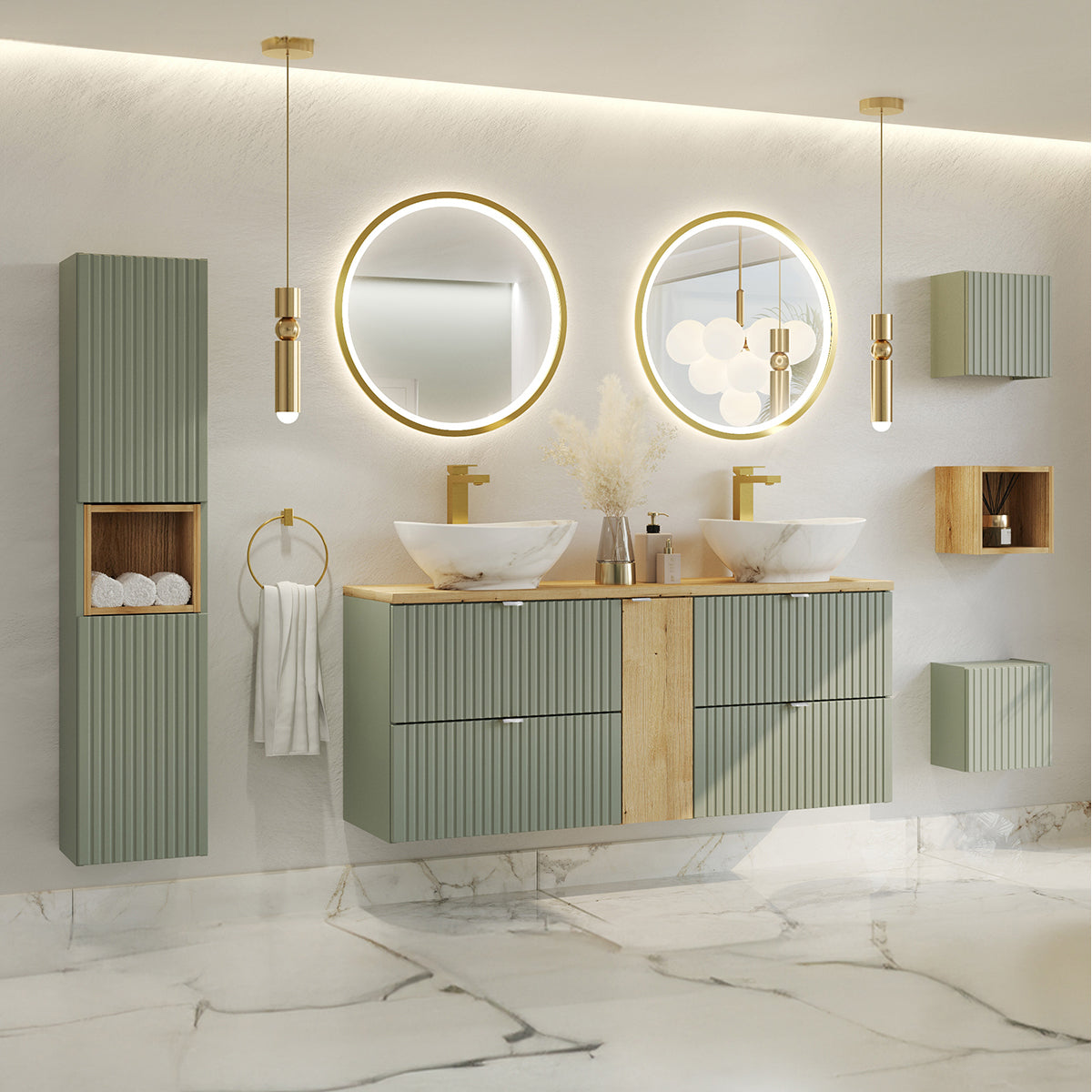 Ensemble meuble double vasque 140cm 4 tiroirs miroirs LED colonne et 3 armoires murales Jade Vert et Bois