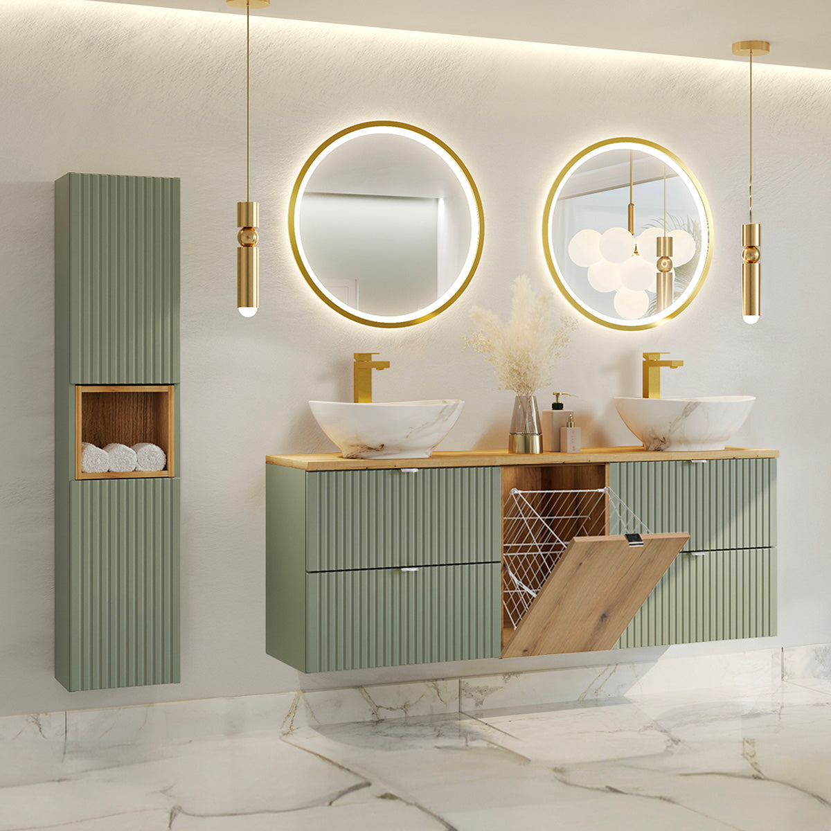 Ensemble meuble double vasque 160cm panier à linge et colonne Jade Vert et Bois