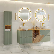 Ensemble meuble double vasque 160cm panier à linge et colonne Jade Vert et Bois