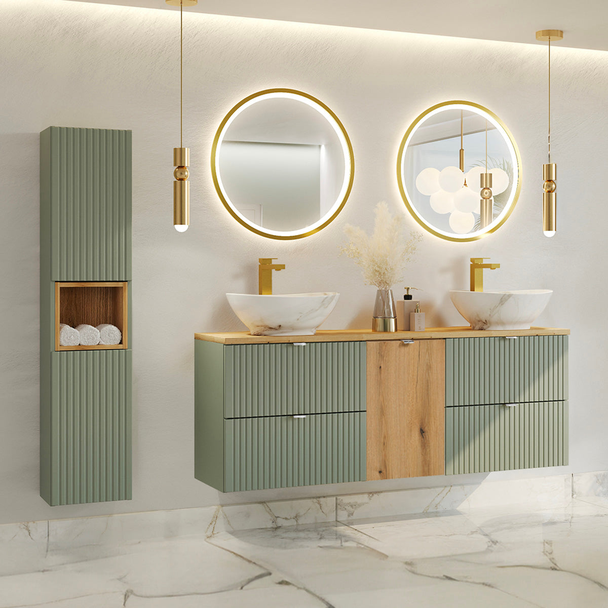 Ensemble meuble double vasque 160cm panier à linge et colonne Jade Vert et Bois - vue 7